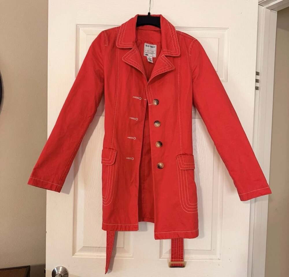 Old Navy Red Cotton Trench Coat with Belt and White Contrast Stitching Size XS